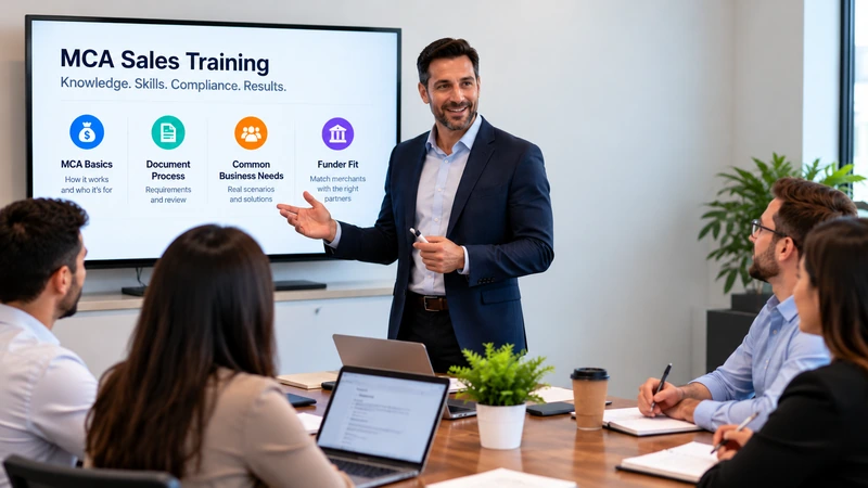 MCA sales manager training representatives on merchant cash advances, document processes, business needs, and funder fit