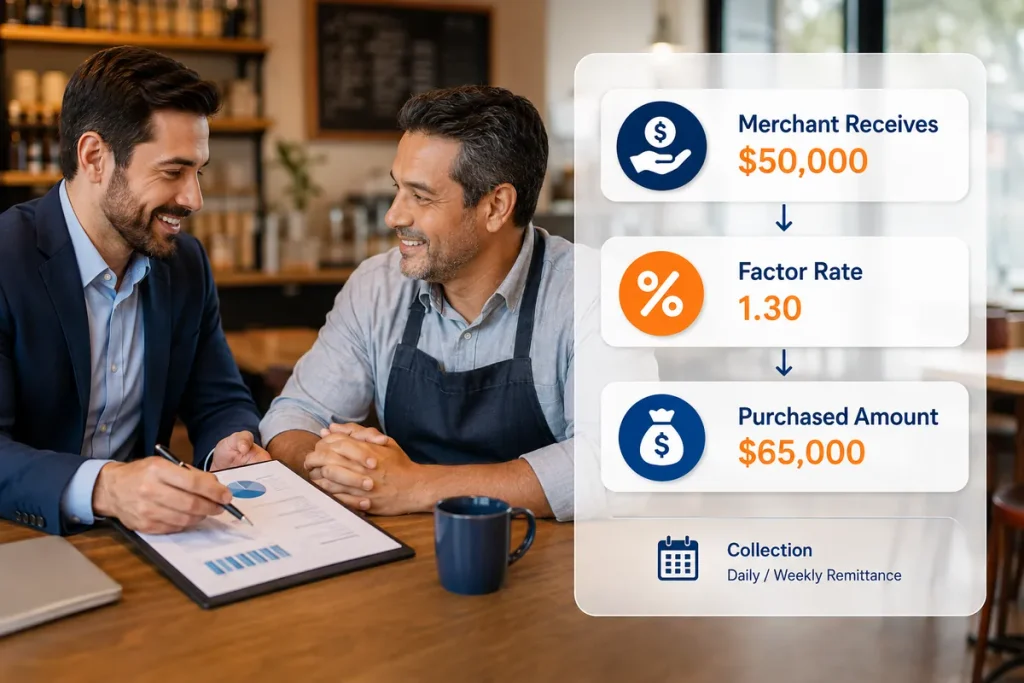 MCA broker explaining how a merchant cash advance works to a small business owner