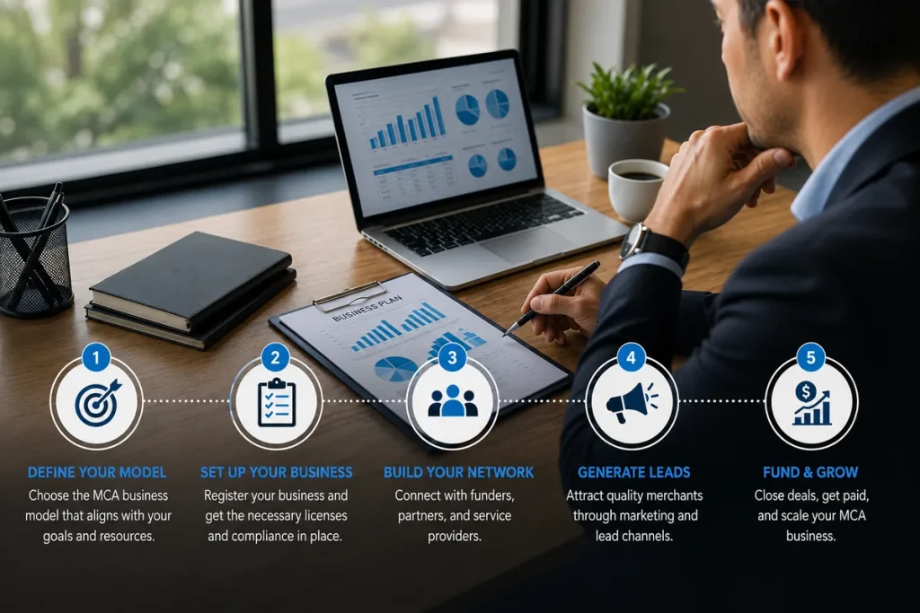 MCA business setup process showing five steps from choosing a business model to building a funder network, generating leads, and growing