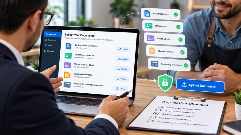 MCA advisor helping a merchant upload business documents securely for an application