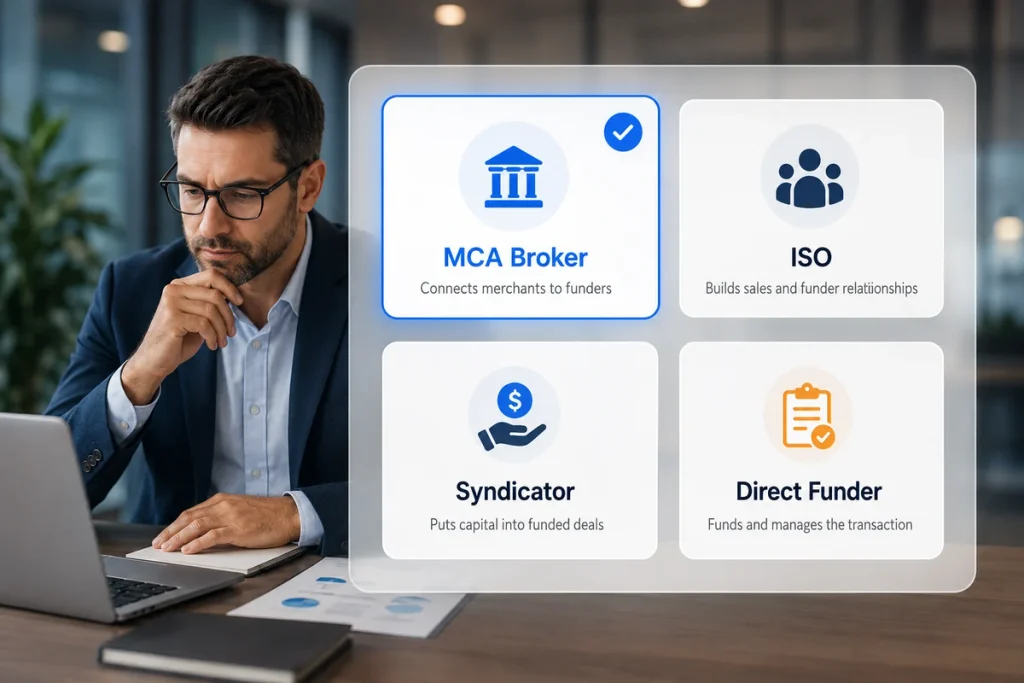 Business professional choosing between MCA broker, ISO, syndicator, and direct funder business models