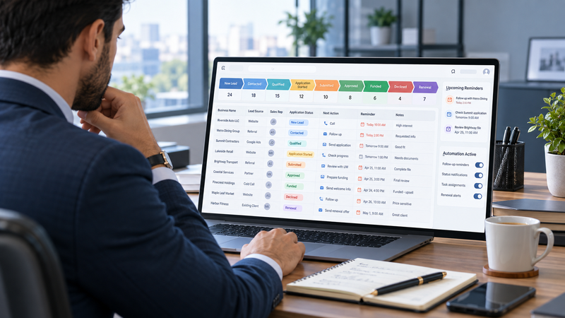 MCA professional managing merchant leads, deal stages, reminders, and follow-ups in a CRM dashboard