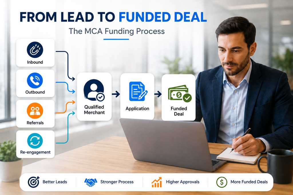 MCA lead generation workflow showing inbound, outbound, referrals, and re-engagement leading to a qualified merchant, application, and funded deal