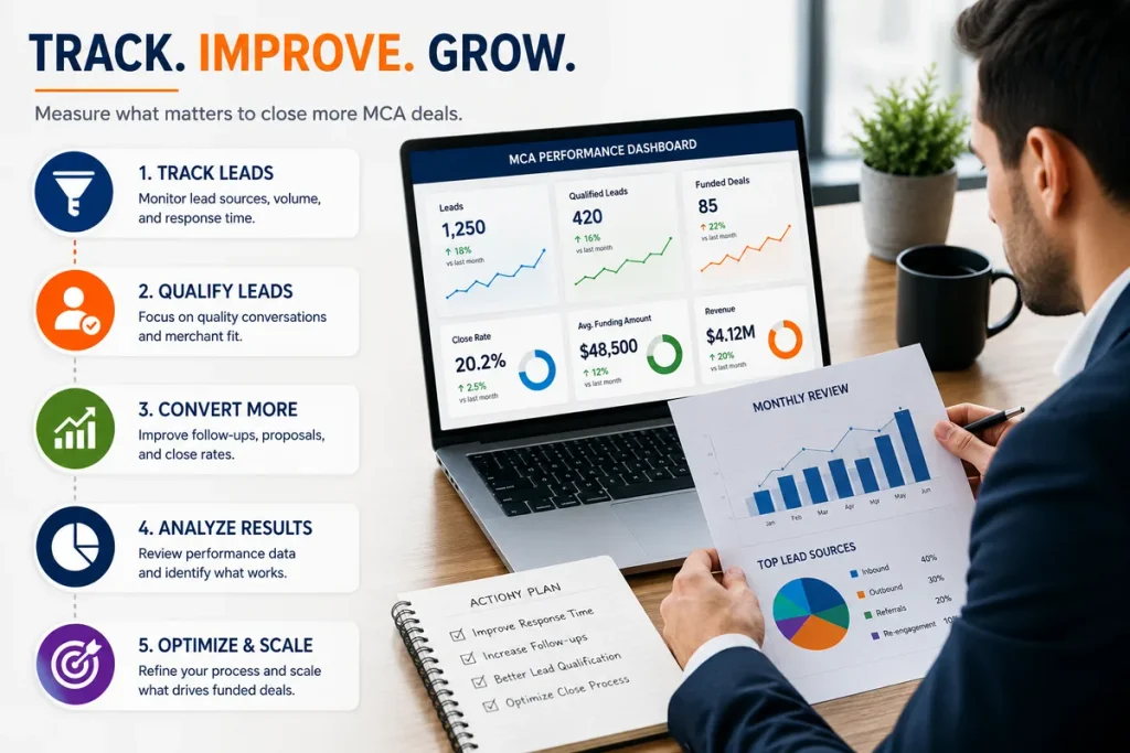 MCA operator tracking lead volume, qualified leads, funded deals, close rate, and performance metrics before scaling