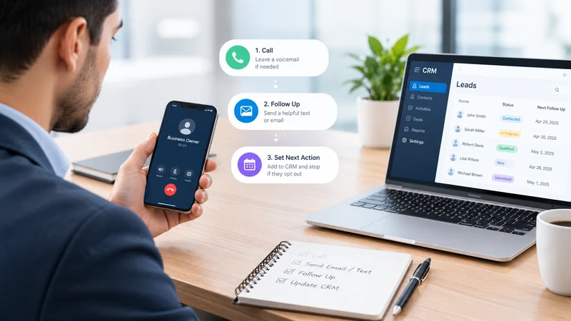 MCA sales professional calling a new merchant lead while tracking follow-up actions in a CRM